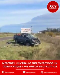 Doble choque y vuelco en la Ruta 123: un caballo suelto provocó un violento accidente en Mercedes