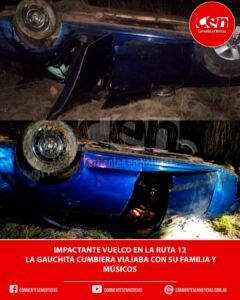 Susto en la Ruta 12: “La Gauchita Cumbiera” volcó con su familia y músicos tras esquivar a un carpincho