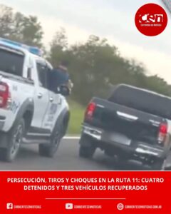 Persecución de película en la Ruta 11: tiros, choques, cuatro detenidos y vehículos robados recuperados