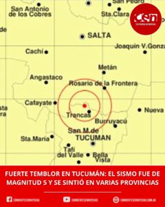 Sismo de magnitud 5 sacudió Tucumán y se sintió en varias provincias del norte argentino