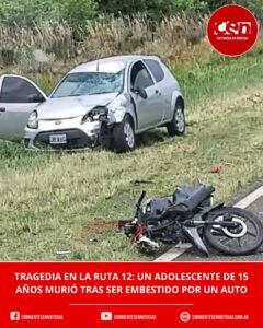Tragedia en la Ruta 12: un adolescente de 15 años murió tras ser chocado de frente por un auto que habría cruzado la doble línea amarilla